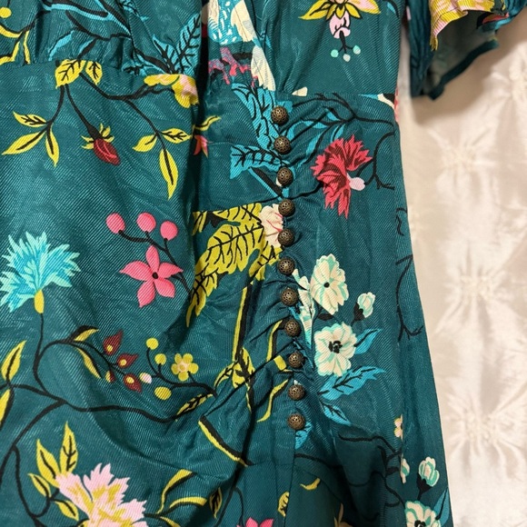Anthropologie Maeve Green Floral & Bird Print Button-Front Midi Dress Wrap - Picture 6 of 15
